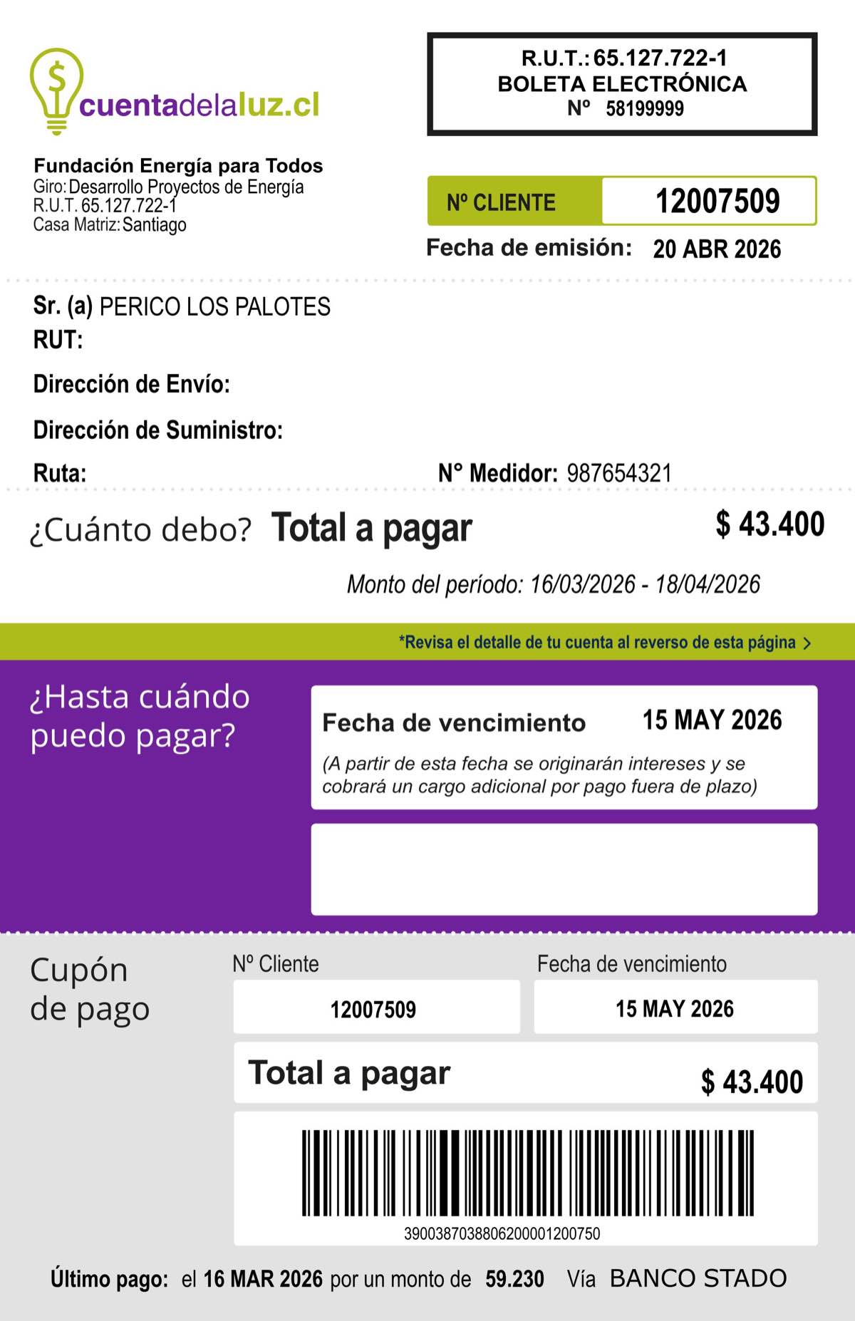 Primera pagina de una boleta electrica con botones sobre las principales secciones